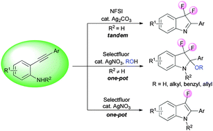 Graphical abstract: Silver-catalyzed one-pot cyclization/fluorination of 2-alkynylanilines: highly efficient synthesis of structurally diverse fluorinated indole derivatives