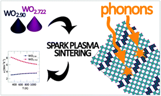 Graphical abstract: Using crystallographic shear to reduce lattice thermal conductivity: high temperature thermoelectric characterization of the spark plasma sintered Magnéli phases WO2.90 and WO2.722