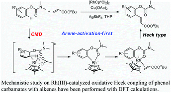 Graphical abstract: Computational study on mechanism of Rh(iii)-catalyzed oxidative Heck coupling of phenol carbamates with alkenes