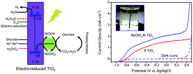 Graphical abstract: Hydrogen production from solar driven glucose oxidation over Ni(OH)2 functionalized electroreduced-TiO2 nanowire arrays