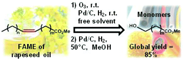 Graphical abstract: Sustainable route to methyl-9-hydroxononanoate (polymer precursor) by oxidative cleavage of fatty acid methyl ester from rapeseed oil