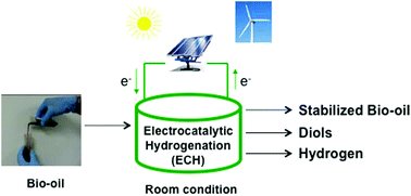 Graphical abstract: A mild approach for bio-oil stabilization and upgrading: electrocatalytic hydrogenation using ruthenium supported on activated carbon cloth