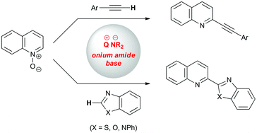 Graphical abstract: Organocatalytic functionalization of heteroaromatic N-oxides with C-nucleophiles using in situ generated onium amide bases