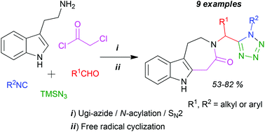 Graphical abstract: Synthesis of 3-tetrazolylmethyl-azepino[4,5-b]indol-4-ones in two reaction steps: (Ugi-azide/N-acylation/SN2)/free radical cyclization and docking studies to a 5-Ht6 model