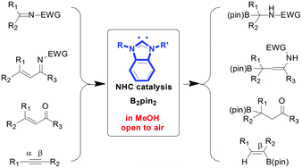 Graphical abstract: Metal free catalytic hydroboration of multiple bonds in methanol using N-heterocyclic carbenes under open atmosphere