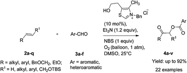 Graphical abstract: N-Heterocyclic carbene catalyzed regioselective oxo-acyloxylation of alkenes with aromatic aldehydes: a high yield synthesis of α-acyloxy ketones and esters