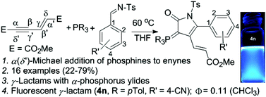 Graphical abstract: One-pot formation of fluorescent γ-lactams having an α-phosphorus ylide moiety through three-component α(δ′)-Michael reactions of phosphines with an enyne and N-tosyl aldimines