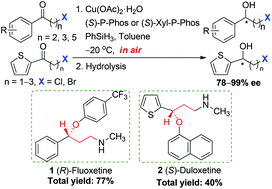 Graphical abstract: Copper(ii)-catalyzed enantioselective hydrosilylation of halo-substituted alkyl aryl and heteroaryl ketones: asymmetric synthesis of (R)-fluoxetine and (S)-duloxetine