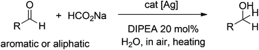 Graphical abstract: A silver-catalyzed transfer hydrogenation of aldehyde in air and water