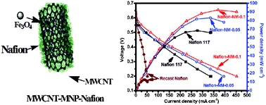 Graphical abstract: Nanocomposite membranes of Nafion and Fe3O4-anchored and Nafion-functionalized multiwalled carbon nanotubes exhibiting high proton conductivity and low methanol permeability for direct methanol fuel cells