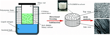 Graphical abstract: Freeze-casting of cellulose nanowhisker foams prepared from a water-dimethylsulfoxide (DMSO) binary mixture at low DMSO concentrations