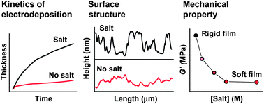 Graphical abstract: Electrodeposition of a weak polyelectrolyte hydrogel: remarkable effects of salt on kinetics, structure and properties
