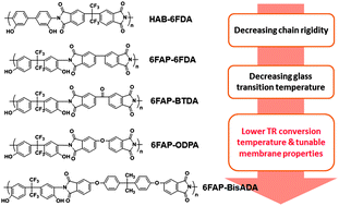 Graphical abstract: Synthesis and characterization of thermally rearranged (TR) polymers: effect of glass transition temperature of aromatic poly(hydroxyimide) precursors on TR process and gas permeation properties