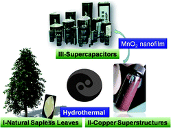 Graphical abstract: Cu superstructures fabricated using tree leaves and Cu–MnO2 superstructures for high performance supercapacitors