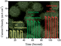 Graphical abstract: Highly efficient photoelectrochemical response by sea-urchin shaped ZnO/TiO2 nano/micro hybrid heterostructures co-sensitized with CdS/CdSe