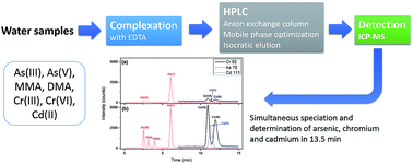 Graphical abstract: Simultaneous speciation and determination of arsenic, chromium and cadmium in water samples by high performance liquid chromatography with inductively coupled plasma mass spectrometry