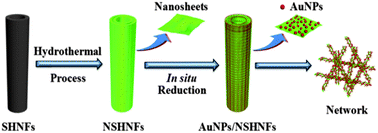 Graphical abstract: In situ assembly of well-dispersed gold nanoparticles on hierarchical double-walled nickel silicate hollow nanofibers as an efficient and reusable hydrogenation catalyst
