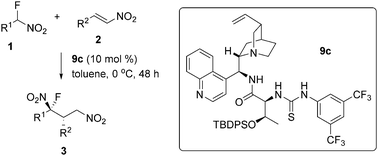 Graphical abstract: Asymmetric Michael addition of α-fluoro-α-nitroalkanes to nitroolefins: facile preparation of fluorinated amines and tetrahydropyrimidines