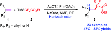 Graphical abstract: An efficient regioselective hydrodifluoromethylation of unactivated alkenes with TMSCF2CO2Et at ambient temperature