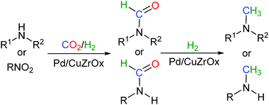 Graphical abstract: N-Methylation of amine and nitro compounds with CO2/H2 catalyzed by Pd/CuZrOx under mild reaction conditions