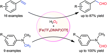 Graphical abstract: [FeIII(TF4DMAP)OTf] catalysed anti-Markovnikov oxidation of terminal aryl alkenes to aldehydes and transformation of methyl aryl tertiary amines to formamides with H2O2 as a terminal oxidant