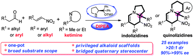 Graphical abstract: A highly efficient asymmetric synthesis of quaternary stereocenter-containing indolizidine and quinolizidine alkaloids using aldehydes, nitroalkenes, and unactivated cyclic ketimines
