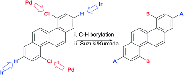 Graphical abstract: An orthogonal C–H borylation – cross-coupling strategy for the preparation of tetrasubstituted “A2B2”-chrysene derivatives with tuneable photophysical properties