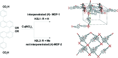 Graphical abstract: Interpenetrated and non-interpenetrated homochiral metal–organic frameworks based on (R)-2,2′-dihydroxy-1,1′-binaphthyl-5,5′-dibenzoic acid
