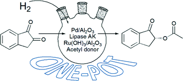 Graphical abstract: One-pot synthesis of (R)-2-acetoxy-1-indanone from 1,2-indanedione combining metal catalyzed hydrogenation and chemoenzymatic dynamic kinetic resolution