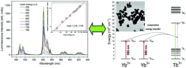Graphical abstract: Synthesis and spectroscopic properties of Yb3+ and Tb3+ co-doped GdBO3 materials showing down- and up-conversion luminescence