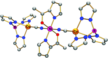 Graphical abstract: Tp*Cu(i)–CN–SiL2–NC–Cu(i)Tp* – a hexacoordinate Si-complex as connector for redox active metals via π-conjugated ligands