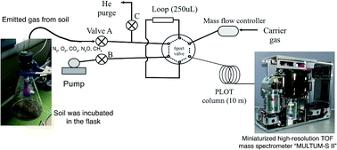 Graphical abstract: Real time monitoring of gases emitted from soils using a multi-turn time-of-flight mass spectrometer “MULTUM-S II”