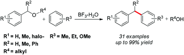 Graphical abstract: Benzylation of arenes with benzyl ethers promoted by the in situ prepared superacid BF3–H2O
