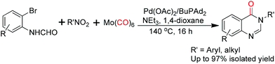 Graphical abstract: A convenient palladium-catalyzed carbonylative synthesis of 4(3H)-quinazolinones from 2-bromoformanilides and organo nitros with Mo(CO)6 as a multiple promoter