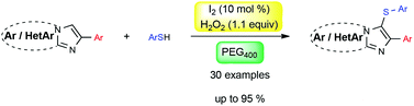 Graphical abstract: Iodine-catalyzed regioselective sulfenylation of imidazoheterocycles in PEG400