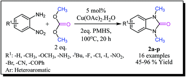 Graphical abstract: Copper-catalyzed efficient synthesis of a 2-benzimidazolone scaffold from 2-nitroaniline and dimethyl carbonate via a hydrosilylation reaction