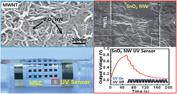 Graphical abstract: Fabrication of high performance flexible micro-supercapacitor arrays with hybrid electrodes of MWNT/V2O5 nanowires integrated with a SnO2 nanowire UV sensor