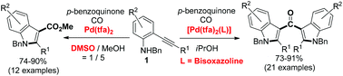 Graphical abstract: Pd(ii)-catalyzed ligand controlled synthesis of methyl 1-benzyl-1H-indole-3-carboxylates and bis(1-benzyl-1H-indol-3-yl)methanones