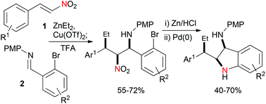 Graphical abstract: Stereoselective synthesis of 1,2-diamine containing indolines by a conjugate addition nitro-mannich reaction