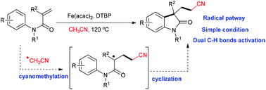 Graphical abstract: Fe-promoted radical cyanomethylation/arylation of arylacrylamides to access oxindoles via cleavage of the sp3 C–H of acetonitrile and the sp2 C–H of the phenyl group