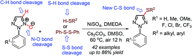 Graphical abstract: NiSO4-catalyzed C–H activation/C–S cross-coupling of 1,2,3-triazole N-oxides with thiols