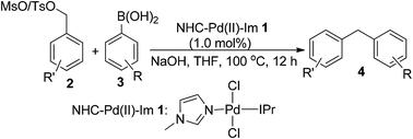 Graphical abstract: N-heterocyclic carbene–palladium(ii)-1-methylimidazole complex-catalyzed Suzuki–Miyaura coupling of benzyl sulfonates with arylboronic acids