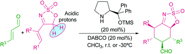 Graphical abstract: 4-Alkenyl-5H-1,2,3-oxathiazole 2,2-dioxides in catalytic and enantioselective [4 + 2] cycloaddition through iminium activation. Straightforward access to the trans-decaline framework and to densely functionalized cyclohexanes