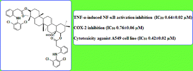 Graphical abstract: The synthesis of non-steroidal anti-inflammatory drug (NSAID)–lantadene prodrugs as novel lung adenocarcinoma inhibitors via the inhibition of cyclooxygenase-2 (COX-2), cyclin D1 and TNF-α-induced NF-κB activation