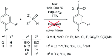 Graphical abstract: A “green” variation of the Hirao reaction: the P–C coupling of diethyl phosphite, alkyl phenyl-H-phosphinates and secondary phosphine oxides with bromoarenes using a P-ligand-free Pd(OAc)2 catalyst under microwave and solvent-free conditions