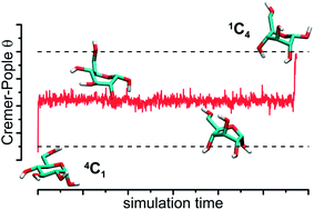 Graphical abstract: The dynamics of the conformational changes in the hexopyranose ring: a transition path sampling approach