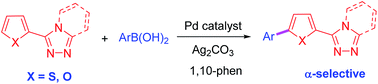 Graphical abstract: Pd-catalyzed oxidative C–H arylation of heterocycle embedded thiophene/furan with aryl boronic acid/ester