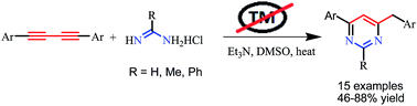Graphical abstract: Transition metal free synthesis of 2,4,6-trisubstituted pyrimidines via Cope-type hydroamination of 1,4-diarylbuta-1,3-diynes
