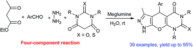 Graphical abstract: Meglumine catalyzed expeditious four-component domino protocol for synthesis of pyrazolopyranopyrimidines in aqueous medium