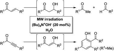 Graphical abstract: Microwave-assisted, tetrabutylammonium hydroxide catalysed 1,4-addition of water to α,β-unsaturated ketones and α,β-ynones in aqueous solution